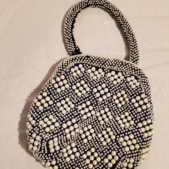 Beaded White + Navy Purse - Picture 1 of 4